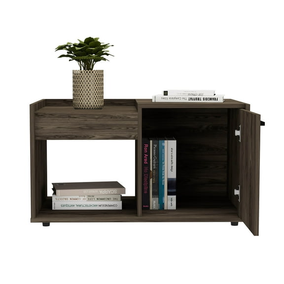 Knubmt Wood Coffee Table Side Table with 1 Open Shelf and Single Door Cabinet, Rectangle Tea Table for Living Room, Office, Dark Brown