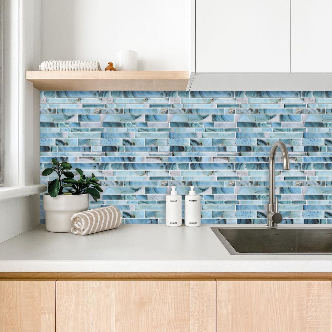 10-Pack Subway Tile Peel and Stick Backsplash, 12"x12" Self Adhesive Self-Adhesive Wall Tiles for Kitchen Bathroom (Aqua Blue)