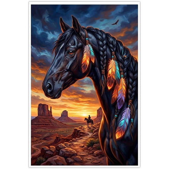 Native American Black Horse Wall Art Western Desert Sunset Feathers Poster