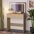 thumbnail image 4 of EDTara Led Lighted Fluted Vanity Desk, Makeup Table With 3-Mode Mirror, 2 Storage Drawers, Power & Usb Charging and Hair Dryer Rack, 4 of 6