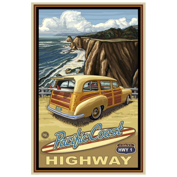 Pacific Coast Highway California Woody Giclee Art Print Poster from Travel Artwork by Artist Paul A. Lanquist 12" x 18"
