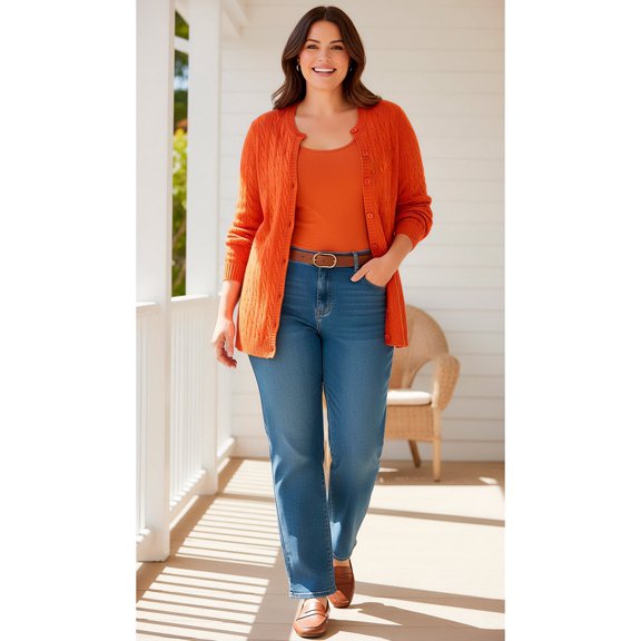 Woman Within Plus Size Cotton Cable Knit Cardigan Sweater