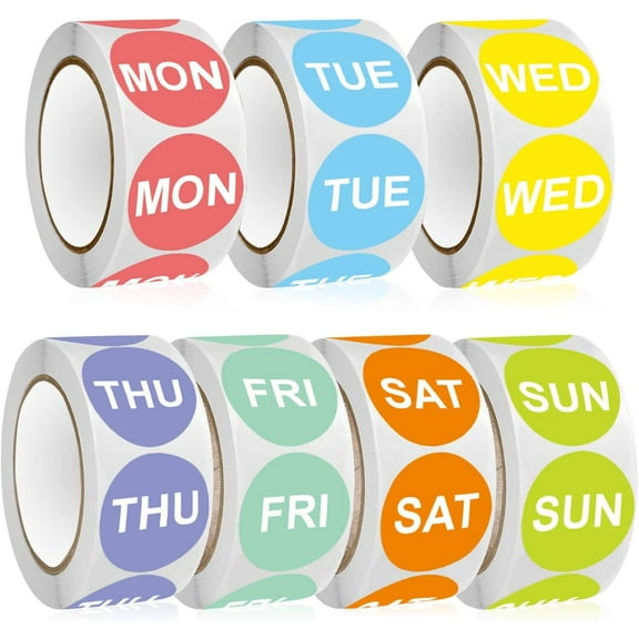 7 Rolls 3500 Pcs Day of the Week Stickers - 1" Round Color-Coded Date Labels for Food Rotation, Meal Prep & Storage Containers (7 Colors, 500 Labels/Roll)