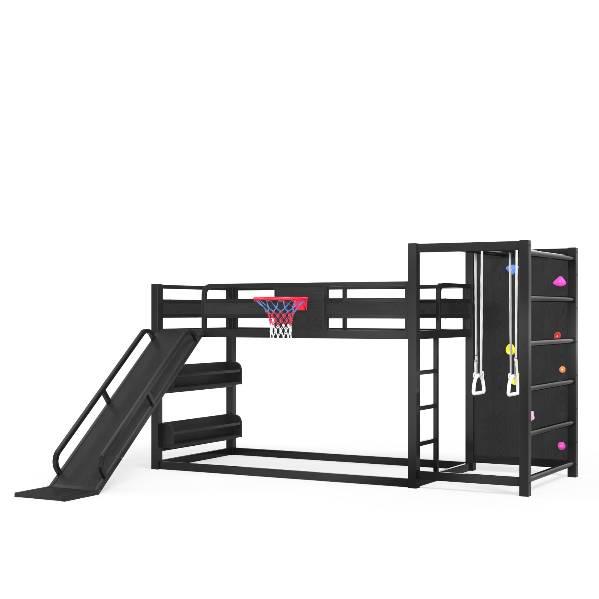 Twin XL Size Loft/Bunk Bed with Basketball Hoop, Pull-up Rings and Climbing Wall, Metal Loft Bed Frame with Slide and Bookshelves, Heavy Duty Bunk Beds with Guardrail