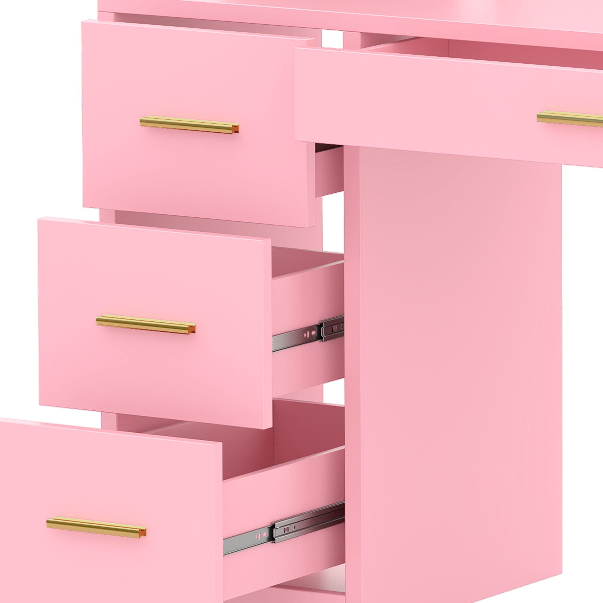 Uforic Makeup Vanity Desk with Mirror & Lights, Vanity Desk with 4 Drawers & Storage Shelves - Pink