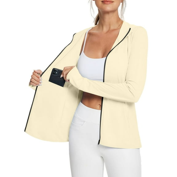 Xyxonk Women's Upf 50 Sun Protection Hoodie Jacket Long Sleeve Full Zip Jacket Workout Solid Color Vocation Clothing for Outdoor Hiking Beige M