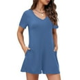 thumbnail image 2 of QATAINLAV Women's Summer Short Sleeve V Neck Short Jumpsuits Solid Casual Athletic Onesie Shorts Loose Wide Leg Romper with Pockets Blue S Clearance, 2 of 9