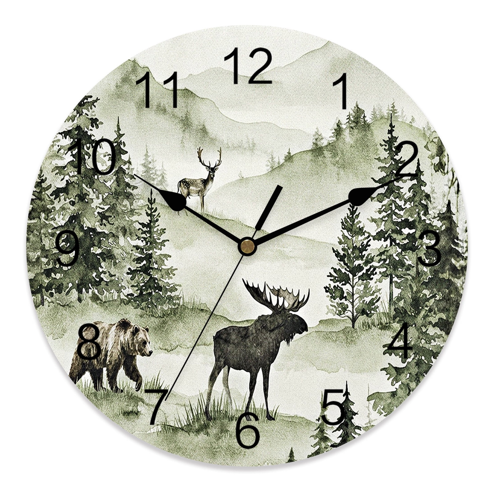 12 Inch Deer Bear Moose Wall Clock, Rustic Nature Green Forest Mountain Woodland Battery Operated Silent Non Ticking Clocks, Easy to Read Round Wall Clock for Kitchen/Living Room/Bedroom/Bathroom