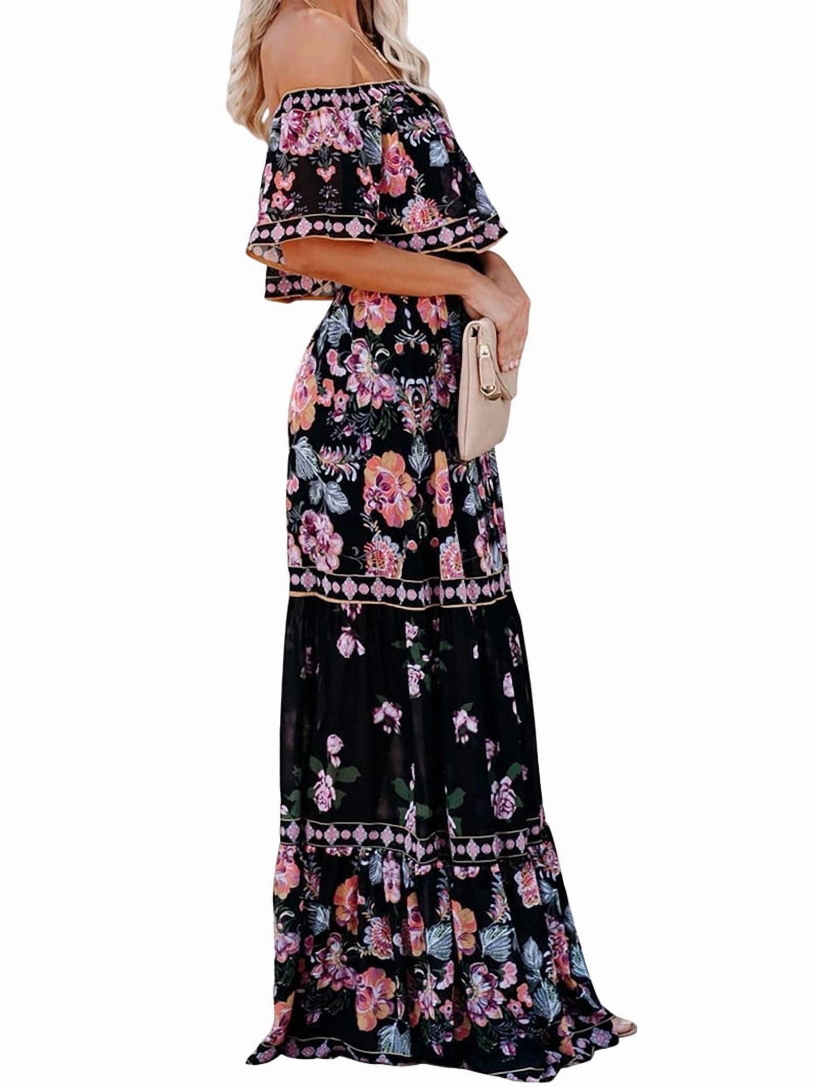 Women'S Mexican Dress Summer Floral Print Off the Shoulder Sleeveless Beach Long Maxi Dress Black L