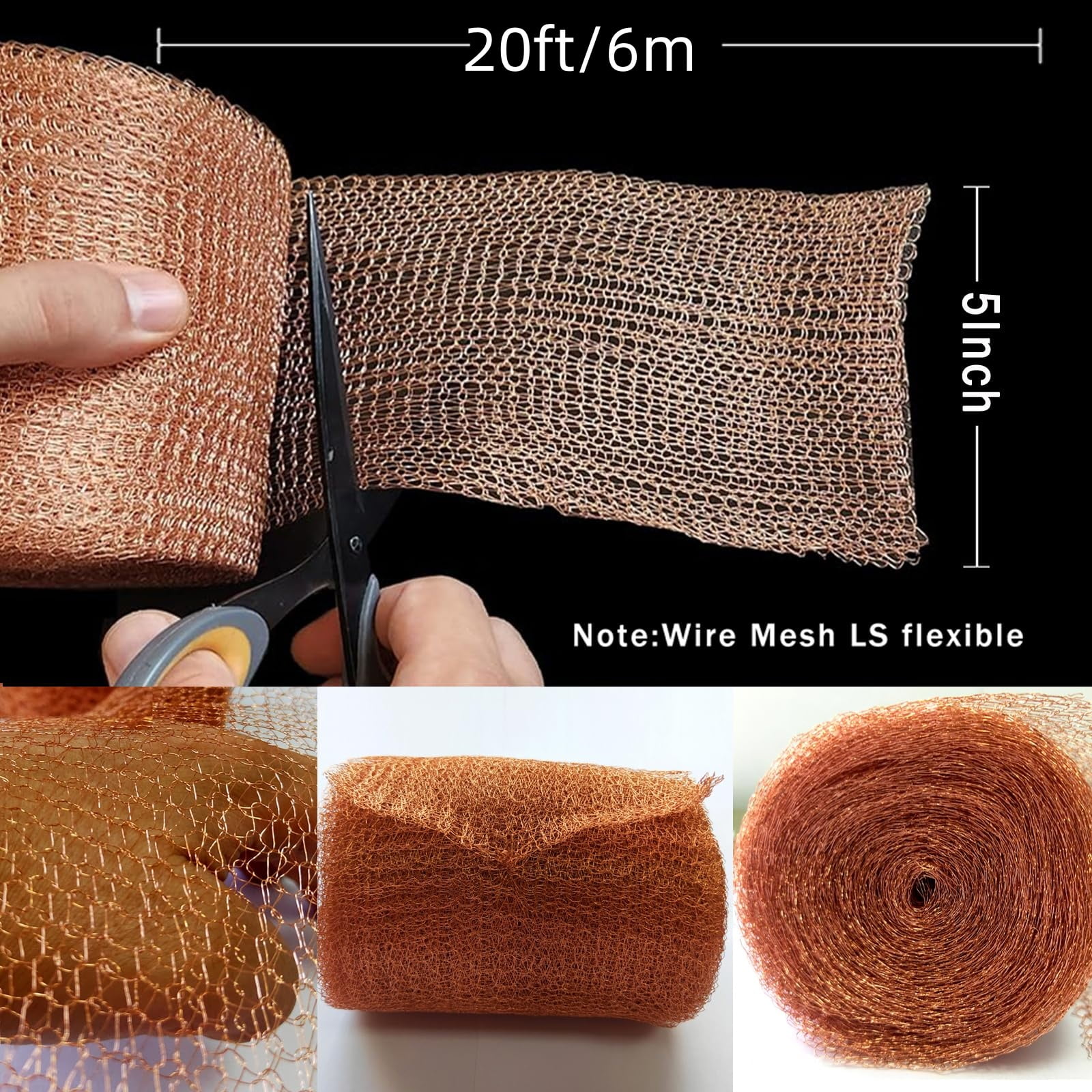 2 Rolls Copper Mesh Roll for Mice Rat 5in x 20ft Pure Copper Fill Fabric Hole Filler Flexible Copper Wool Mouse Trap for Bat Snail Bird Control Hole Blocking Gardening Sealing Water Opening