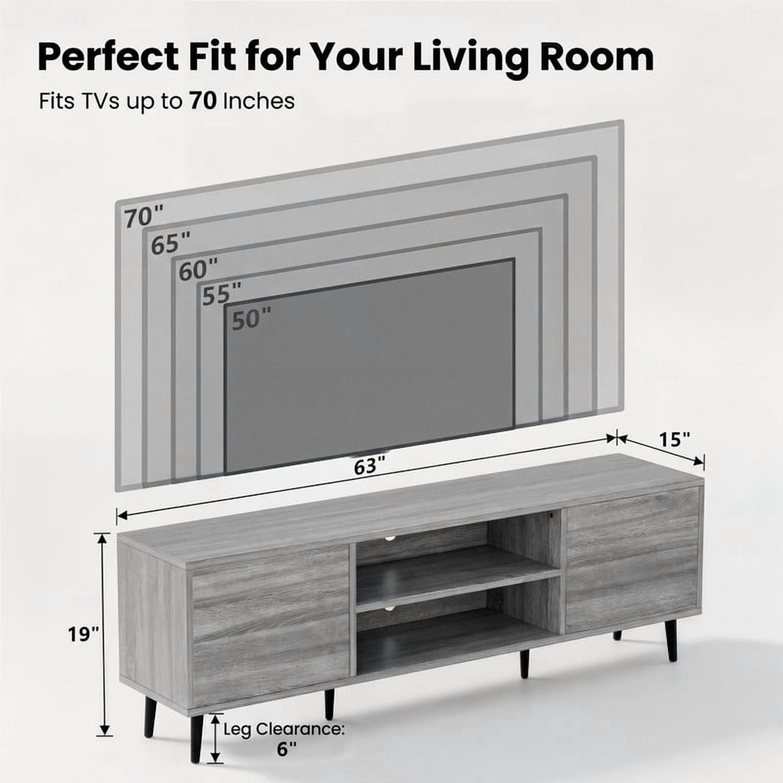 Homall 63'' Mid-Century Modern TV Stand for TVs up to 70 Inches, Wood Entertainment Center with Storage Cabinets & Open Shelves, TV Console Table for Living Room, Gray