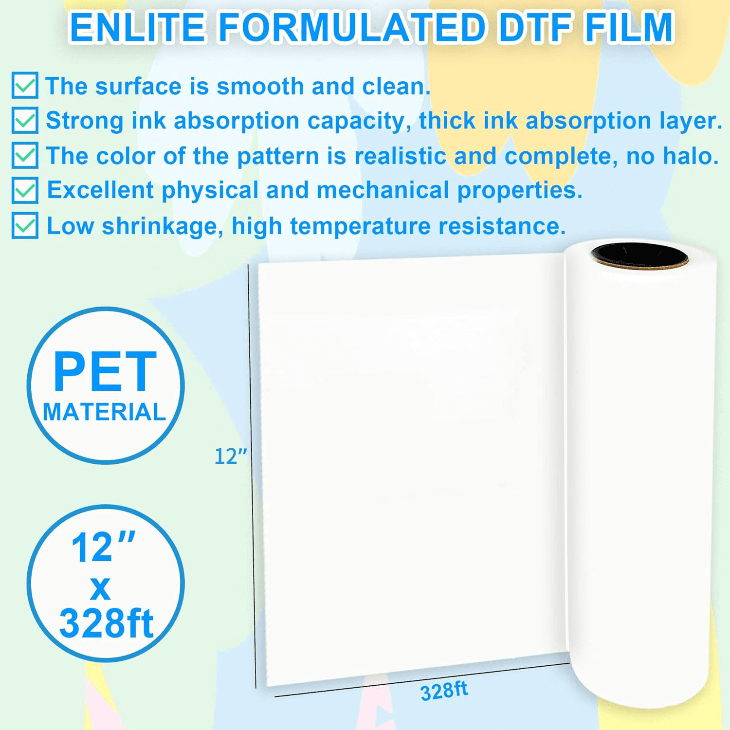 Lancelot Premium DTF Transfer Film Roll, 12" x 328ft - Double-Sided Matte Pet Film for DTF Printing, Custom T-Shirt Transfers, Crafts & Apparel Design