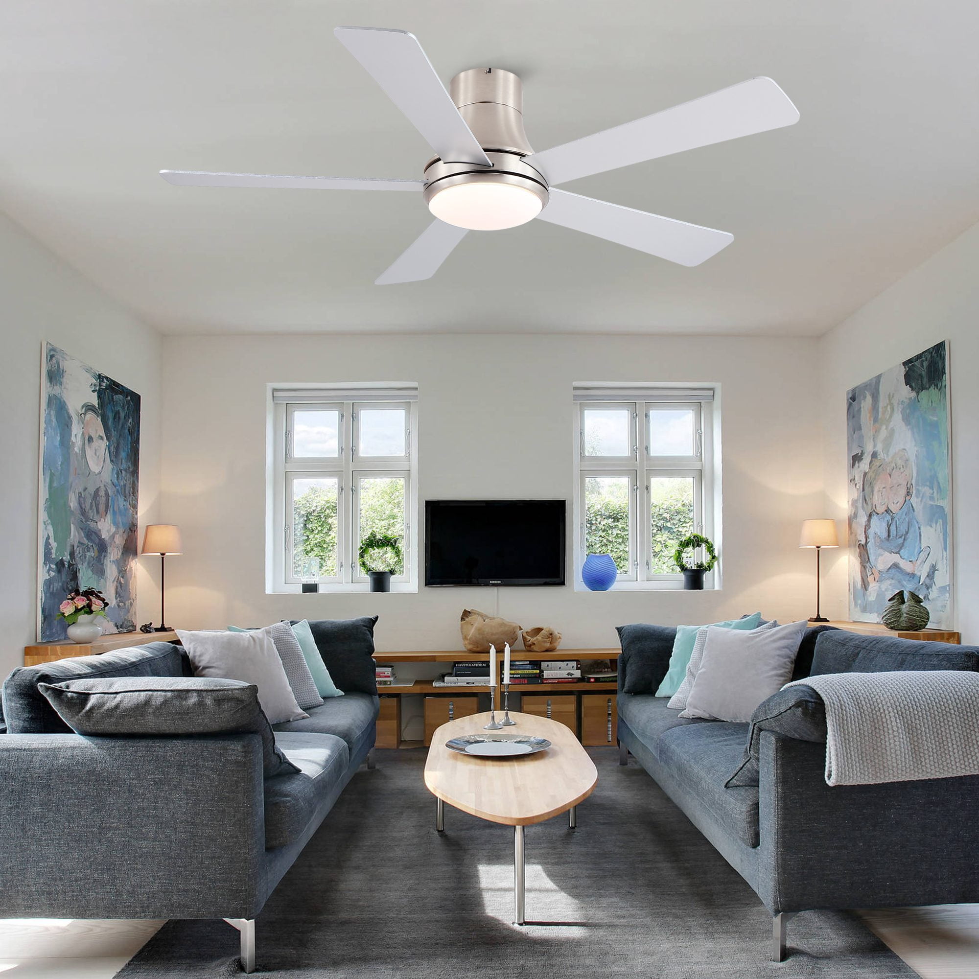 Leumius 52" Farmhouse Brushed Nickel Integrated LED Smart Ceiling Fan with DC Remote Control for Bedroom Living Room