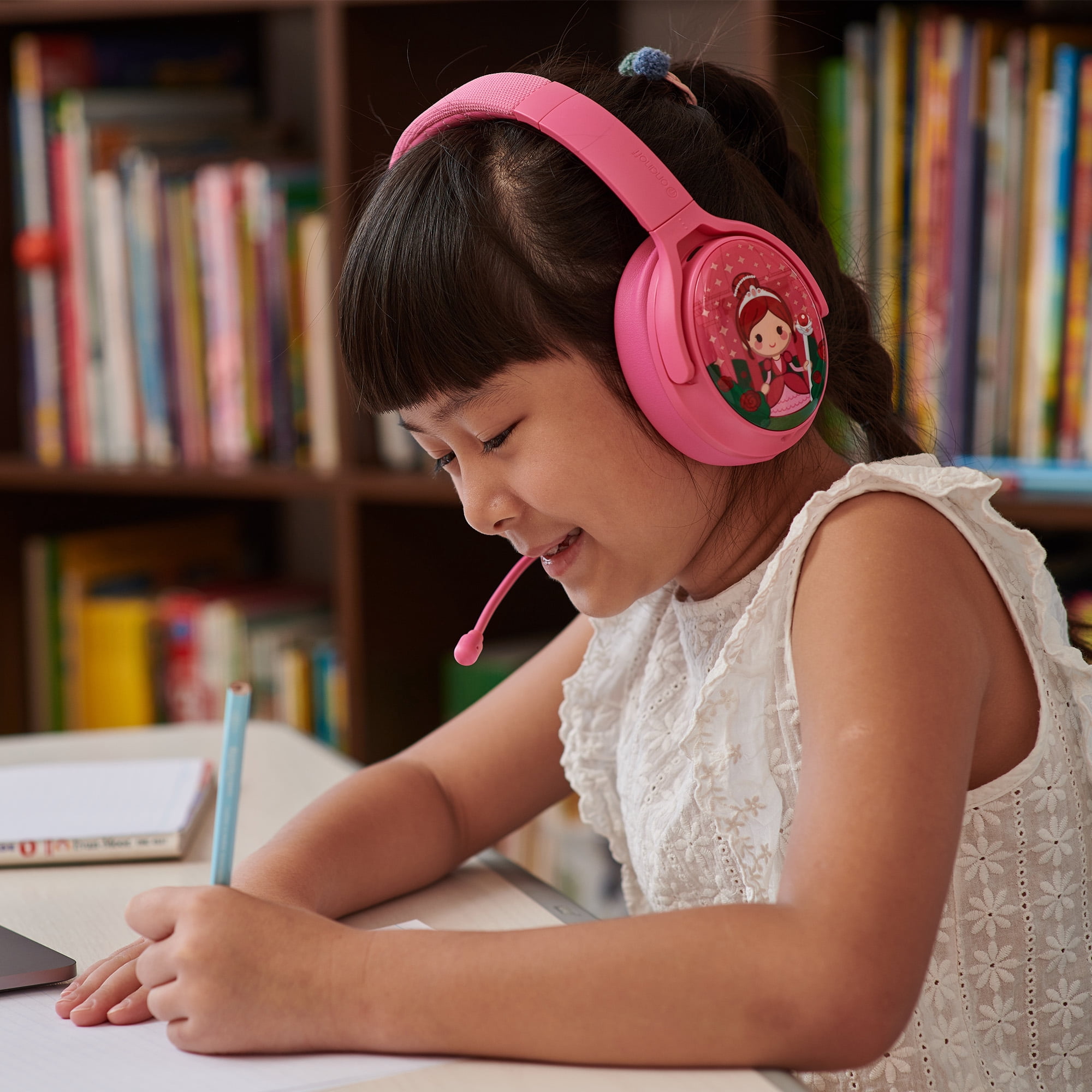 BuddyPhones Cosmos+, Over-Ear Bluetooth Wireless Noise Cancelling Kids Headphones with Detachable Boom Mic, 3 Volume Limiting Settings, Voice Enhance StudyMode, 24-Hrs Battery, Foldable, Rose Pink
