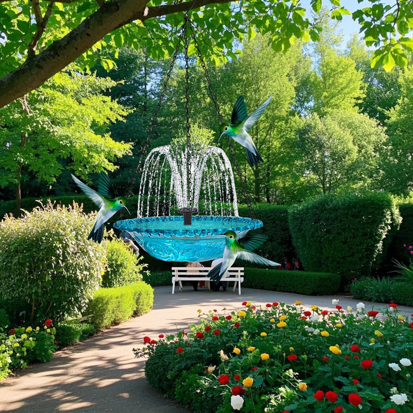 2PCS Solar Powered Bird Bath Fountain & Hummingbird Feeder 2-in-1 Outdoor Hanging Bird Bath for Garden, Backyard, Patio - Automatic Water Fountain for Small Birds with Solar Panel - Weather Resistant
