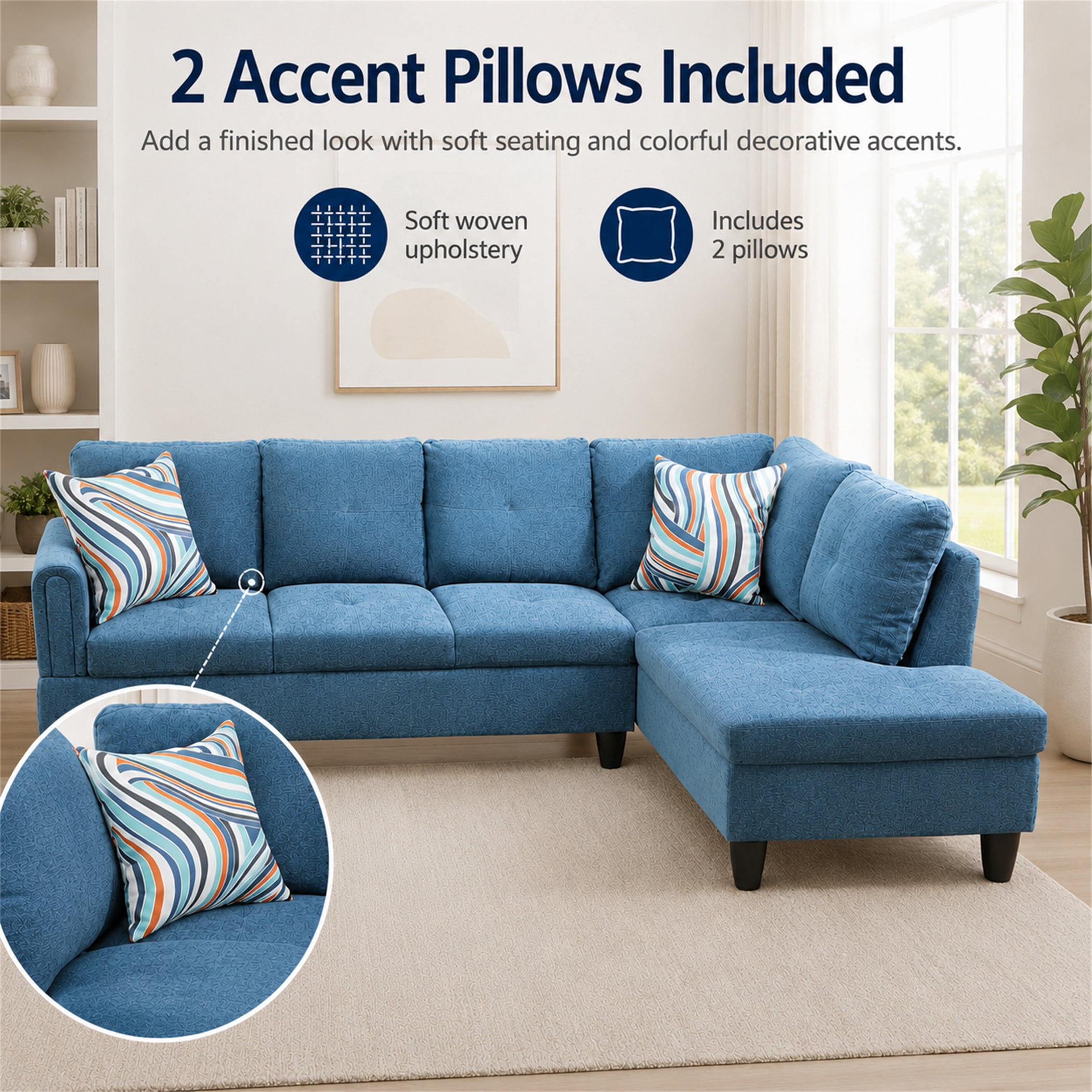 Aukfa 97" Classic Sectional Sofa 4 Seat L shape Couch with Oversized Right Chaise for Living Room, 2Pillows, Linen, Blue