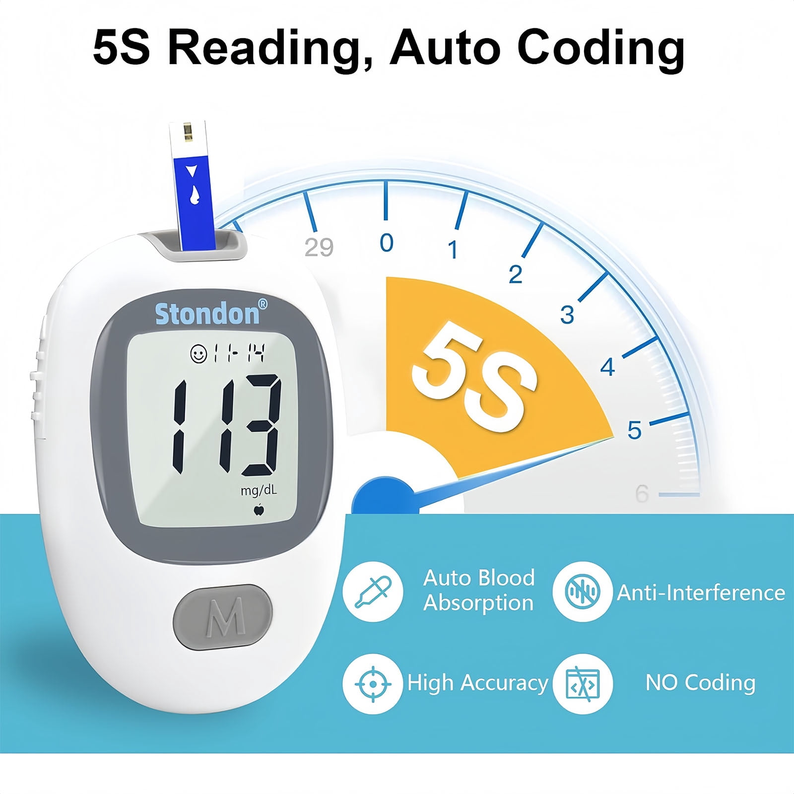Stondon Blood Glucose Monitor Kit, Blood Sugar Testing Kit, 50 Glucometer Strips, 50 Lancets, Test Strips Blood Sugar Meter Glucometer，for people with diabetes