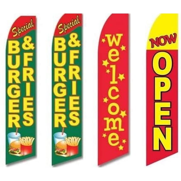 4 Swooper Flags Burgers Fries Restaurant Hamburger Welcome Open Green Red Yellow