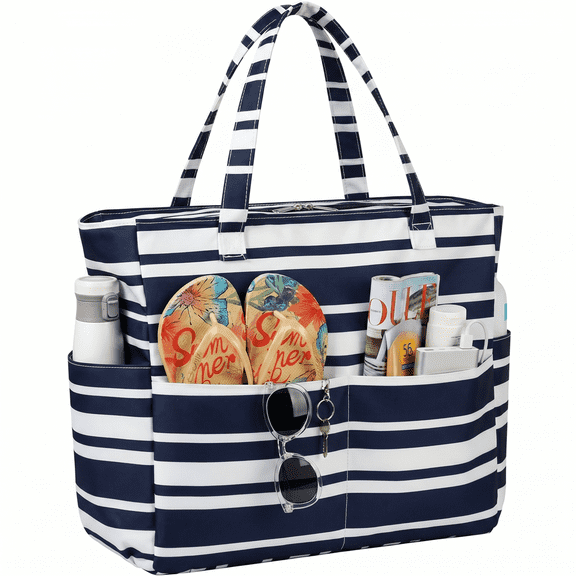 YEyangqi Beach Tote Bags for Women Waterproof Sandproof Large Pool Bag with Zipper & Multiple Pockets Navy Blue