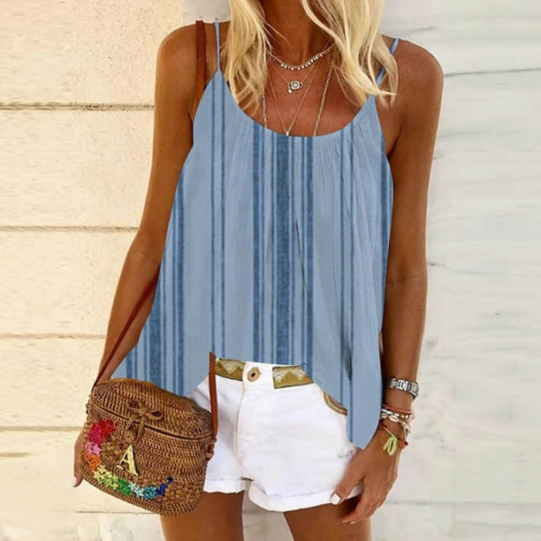 Puntoco Camisas ajustadas para mujer, blusas casuales sin mangas con cuello redondo y estampado a la moda para mujer
