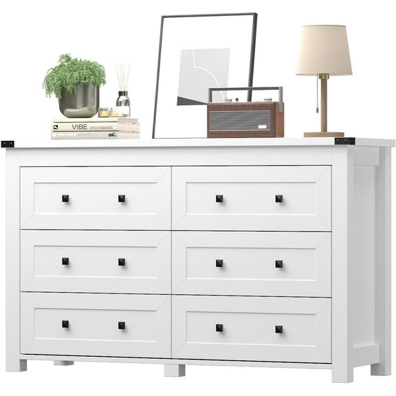 White Dresser for Bedroom, 47.3" Modern Dresser for Closet TV Stand, 6 Drawer Wood Dressers & Chest of Drawers with Black Knobs, Wide Closet Storage Organizer for Living Room, Hallway