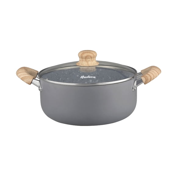 HUDSON VALLEY | Olla de Cocina 24 cm con Revestimiento de Granito Antiadherente, Cacerola de Aluminio con Tapa de Vidrio Templado y Válvula de Vapor, Compatible con Estufas y Horno, Color Gris Granito