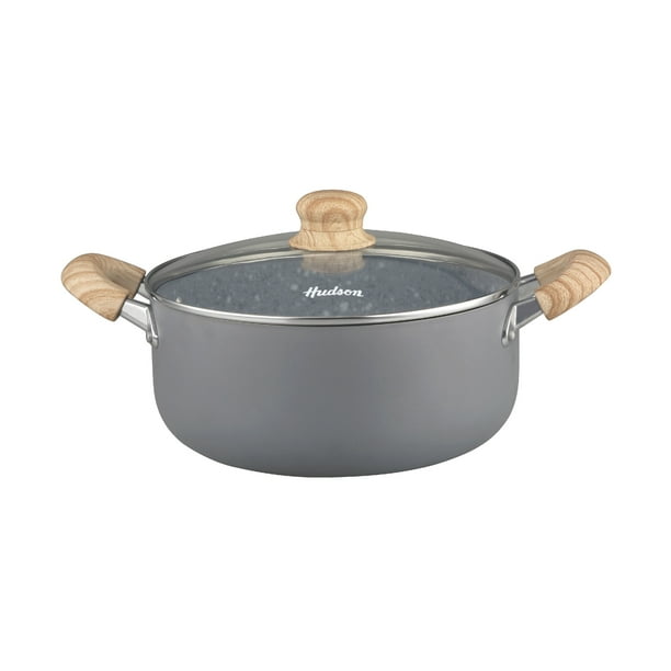 HUDSON VALLEY | Olla de Cocina 24 cm con Revestimiento de Granito Antiadherente, Cacerola de Aluminio con Tapa de Vidrio Templado y Válvula de Vapor, Compatible con Estufas y Horno, Color Gris Granito