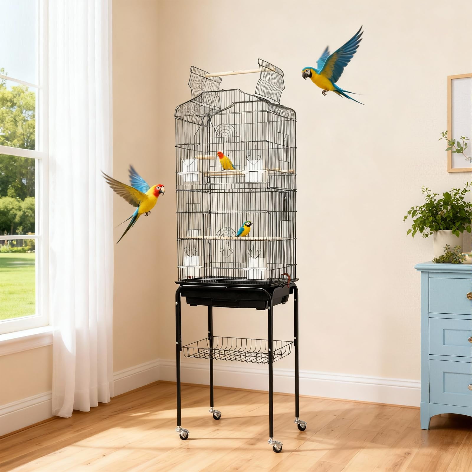 Litake Birdcage, Playtop Parrot Cage, Wrought Iron Bird Cage with Rolling Stand, Heavy-Duty Pet Bird House with Storage Shelf, Playtop Parrot Cages Heavy-Duty Pet Birds House Black