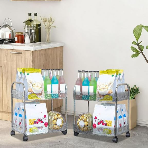 Two-Tier Movable Plastic Storage Shelf | Transparent Clear Shelves & Gray Frame | Compact Rolling Organizer Cart for Kitchen Bathroom Living Room | 41x32.5x20.5cm | 1 Piece