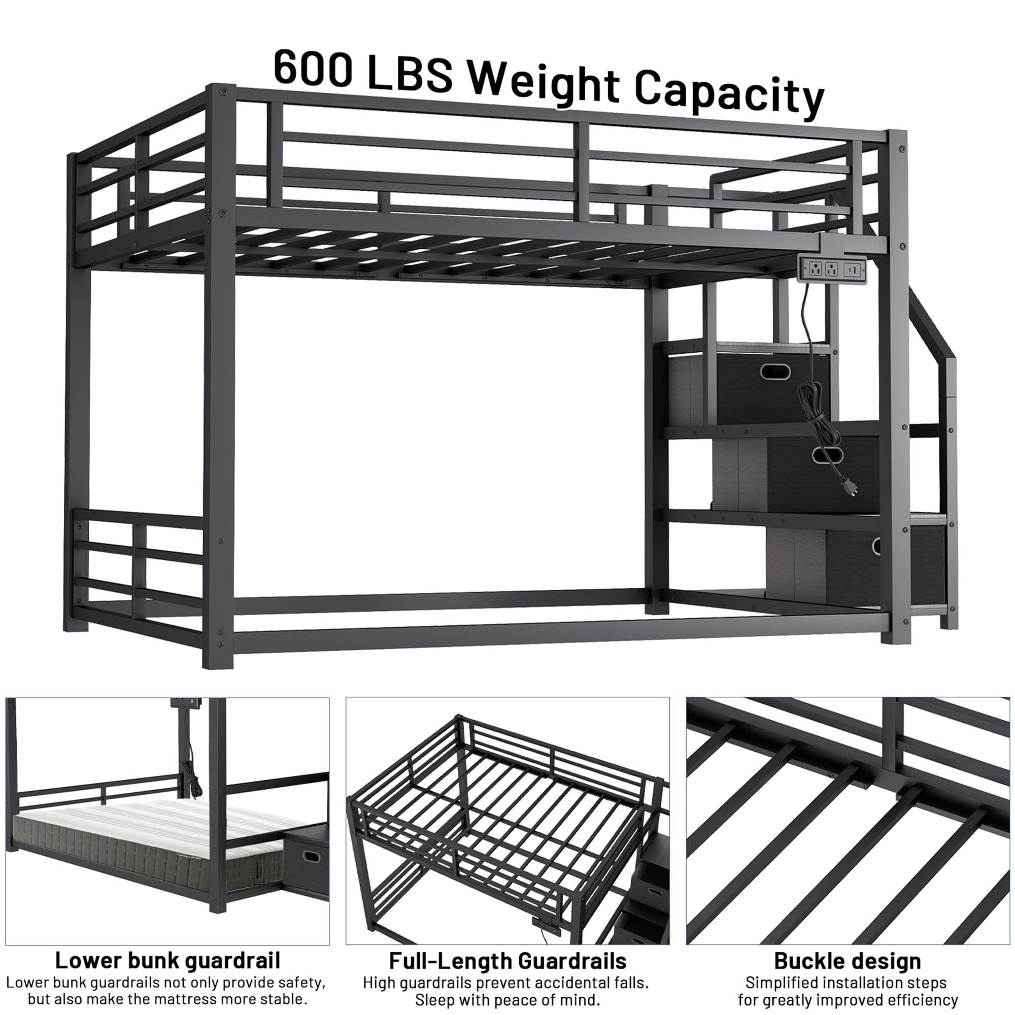 Miniyam Full Over Full Bunk Bed with Storage Stairs, Movable Charging Station and LED Lights, Black