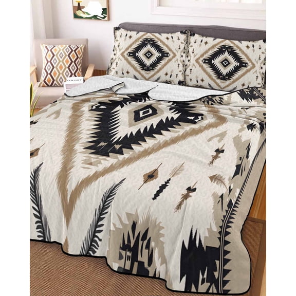 Boho Black Brown Queen Size Down Alternative Comforter, Lightweight Comforter Quilt Bedding Set with Pillow Shams Retro Geometric Southwestern Ethnic All Seasons Bed Comforter Duvet Insert 90"x96"