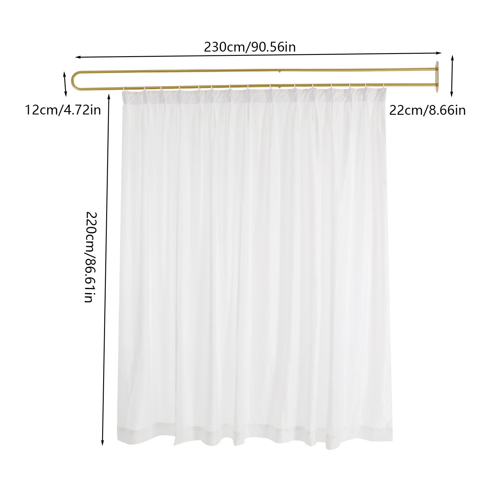 Gold U Shape Curtain Rod 7.5ft, Ceiling Mounted Privacy Partition with White Sheer Fabric, Heavy Duty Iron Curtain Track Room Divider for Bedroom Studio Office, Easy Installation