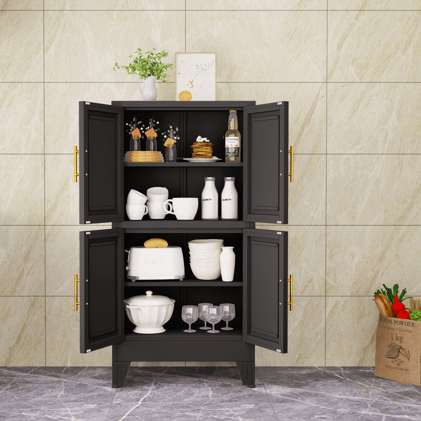 EROSOEI Sturdy Metal Pantry Storage Cabinet with Doors and Shelves Black White