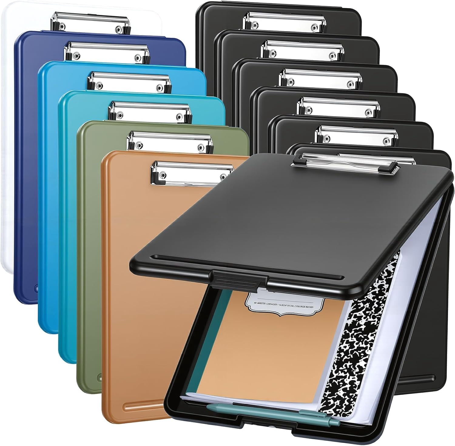 12 Pcs Plastic Clipboard with Storage Heavy Duty Portable Writing Boards for 150 Sheet A4 Paper with Pen Holder Large Capacity Clipboards for Nurse Teacher Student Classroom Office (Deep Color)