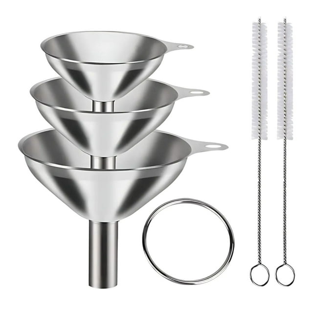Qiweii Food-Grade Stainless Steel Kitchen Funnel Set, Metal Funnels with Cleaning Brush, Bottle Filling Tool