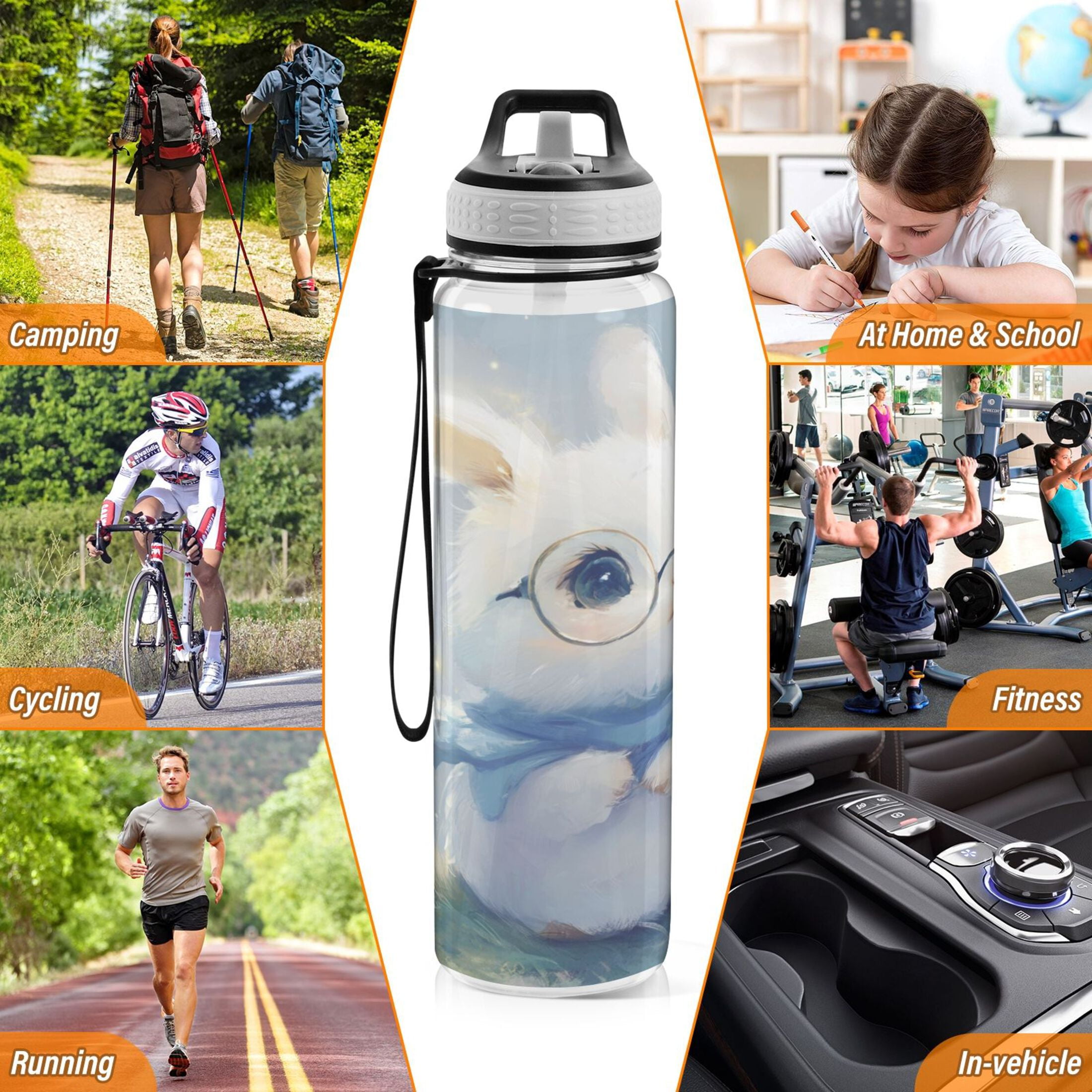 Sports Water Bottle 1000ML Tritan Food Grade Clear Water Bottle Fitness Outdoor Sports Bike Adorable Rabbit with Glasses