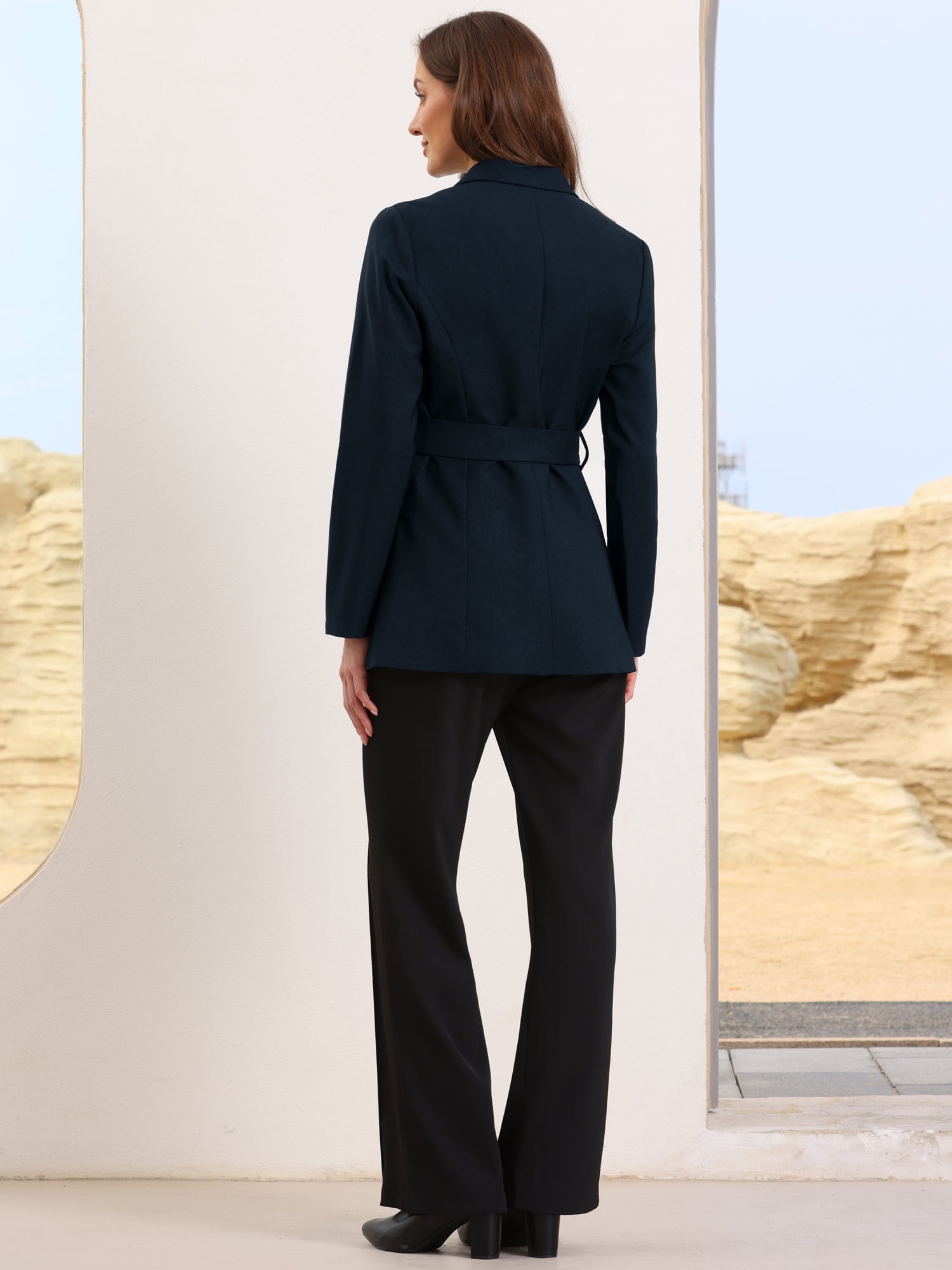 DARING DIVA Women's Long Sleeve Belted Long Blazer Suit Jacket M Navy Blue