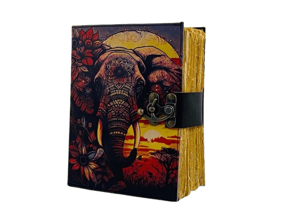 Handmade Leather Journal with Elephant Art – 5x7 inch Vintage Diary, 200 Pages Recycled Handmade Paper, Locking Clasp, Artisan Gift Notebook