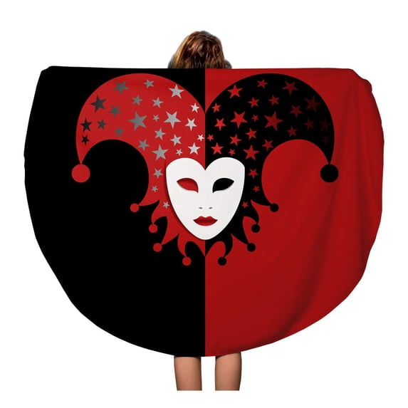 SIDONKU 60 inch Round Beach Towel Blanket Red Accessory Harlequin Mask Black Carnival Clown Face Hat Travel Circle Circular Towels Mat Tapestry Beach Throw