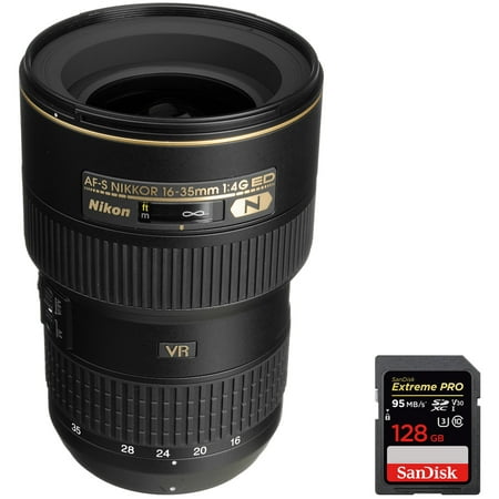 Nikon (2182) 16-35mm f/4G ED-VR AF-S Wide-Angle Zoom Lens with Sandisk Extreme PRO 128GB SDXC UHS-1 Memory