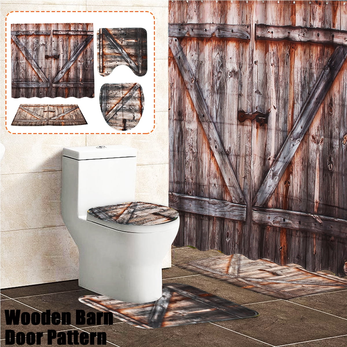 Rustic Rustic Wooden Barn Door, Polyester Fabric Bath ...