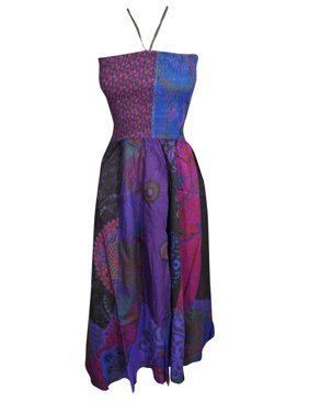 Mogul Women Halter Dress Boho HIPPY GYPSY Dress Fit Flare Purple Cotton Colorful Midi Dresses S/M