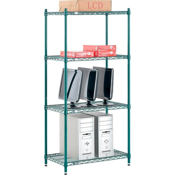 Nexel 4 Shelf Poly-Green Wire Shelving Unit Starter 30""W x 14""D x 54""H