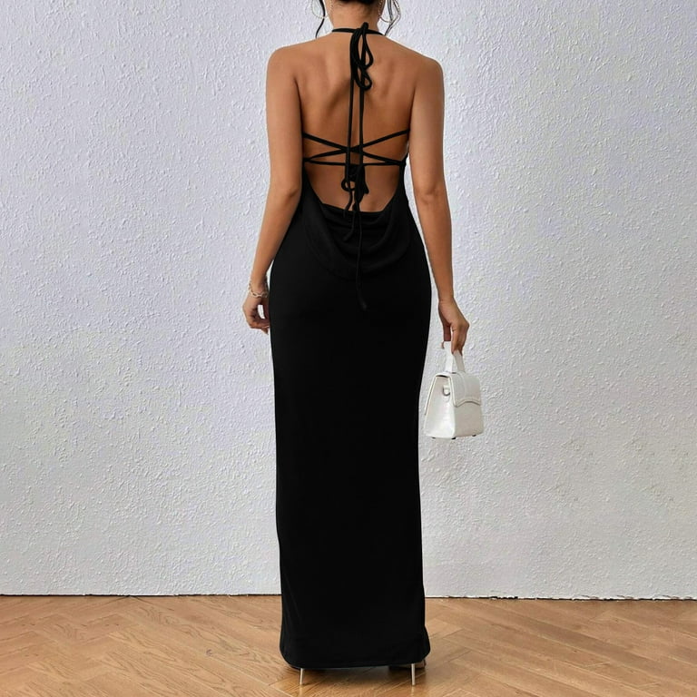 navy blue dress for baby girl Kaemgyyd Wedding Guest Dresses for Women Elegant Backless Bodycon Maxi Dress Halter Cocktail Going Out Long Dress for Party