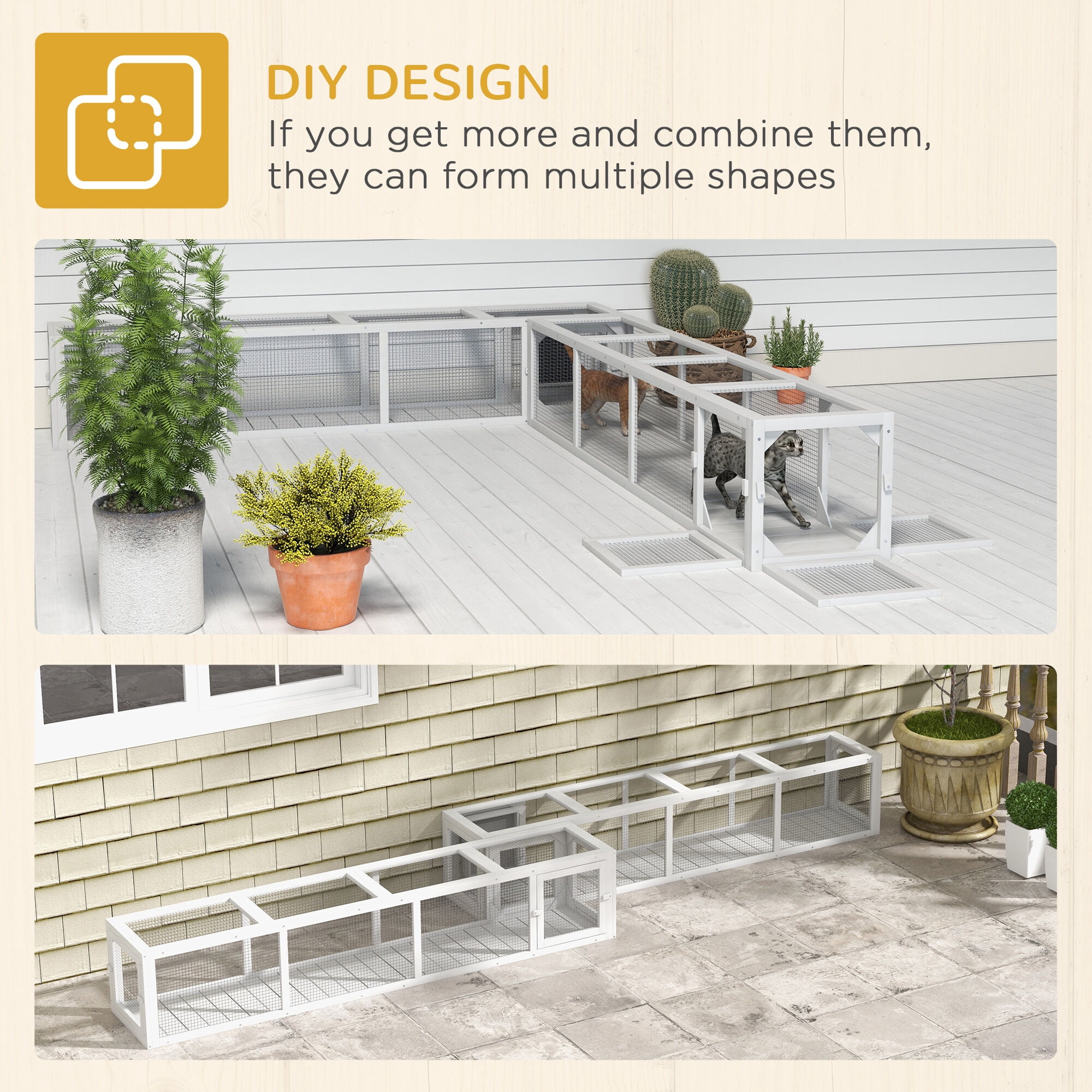 Orthopedic Dog Bed, PawHut Outdoor Cat Tunnel with Extendable Design, 79" L Wooden Cat Run with Weather Protection, Connecting Inside and Outside, for Deck Patios, Balconies, White, Dog Bed