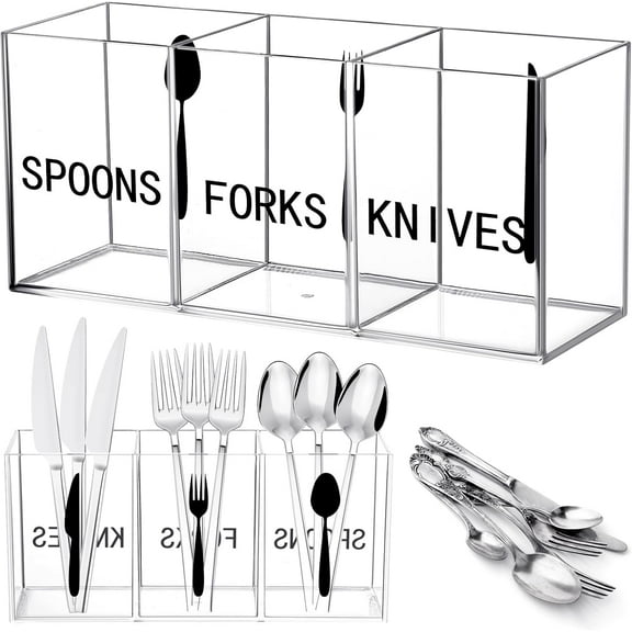 Acrylic Cutlery Storage Organizer Plastic Utensil Holder Clear Silverware Organizer 3 Section Tableware Storage Box Countertop Fork Spoon Knife Holder Party Flatware Caddy for Kitchen Storage