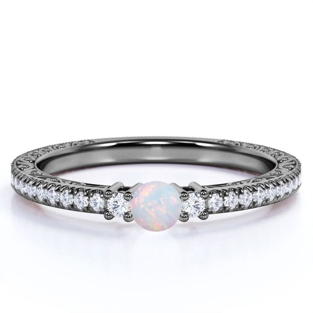 JeenMata Anillo de Compromiso Pequeño de 1 Uds con Ópalo de Fuego Violeta Natural Redondo Hecho a Mano en Oro Negro Gótico de 18 K sobre Plata