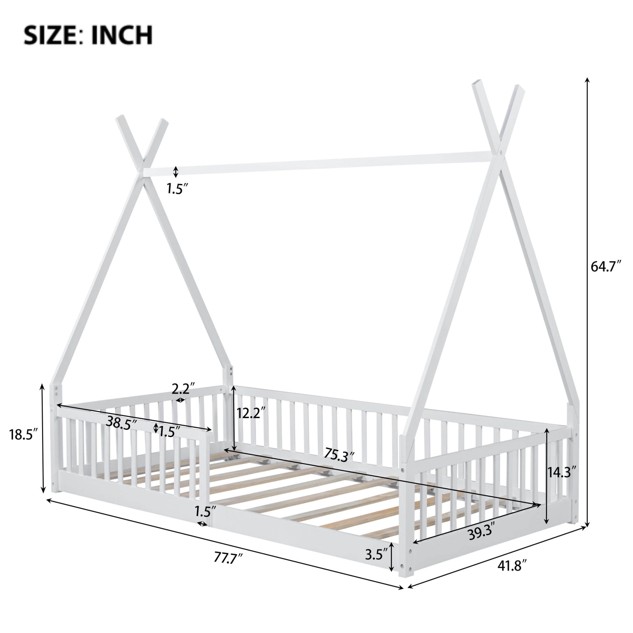 Noble House Windsor Twin Size Pine Wood House Bed with Fence, Distressed Washed Frame with Sky Roof, White
