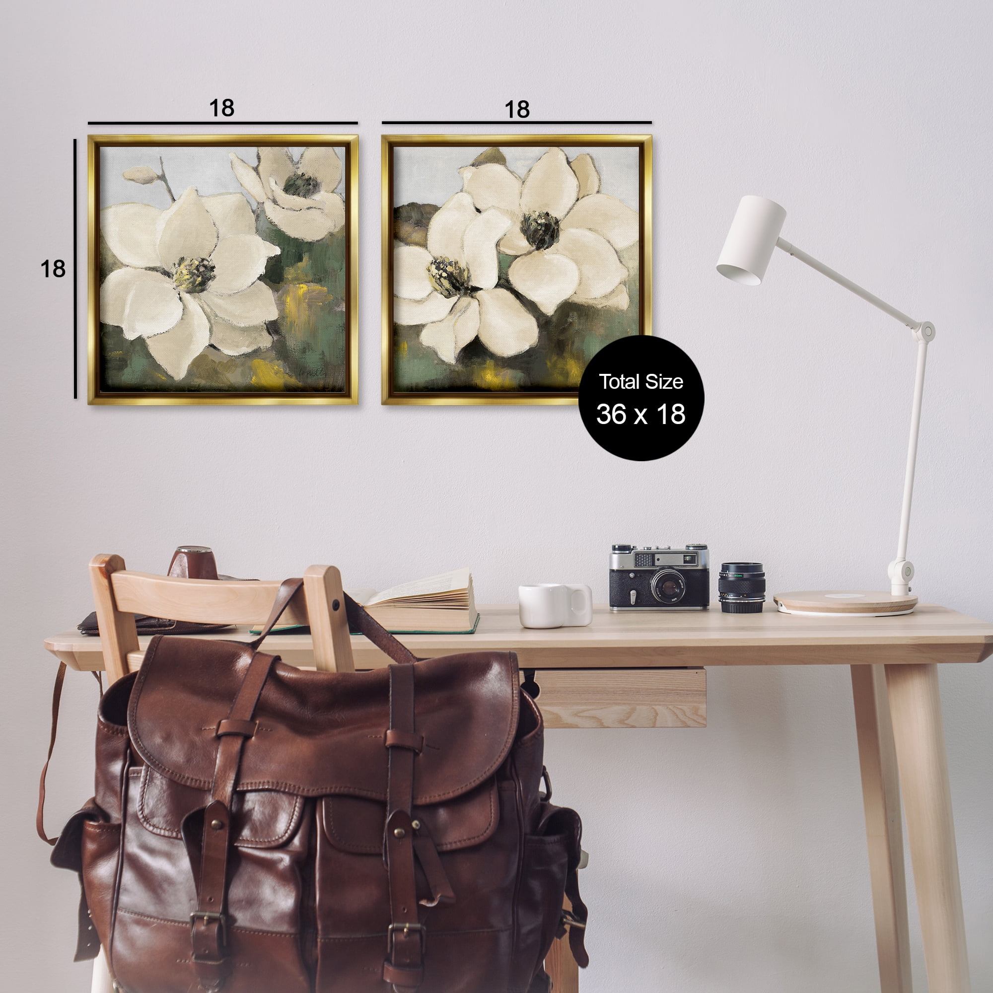 Stupell Industries Blooming Magnolia Blossom Plants & Flowers Painting Gold Floater Framed Canvas Art Print Wall Art, 18 x 18, Set of 2