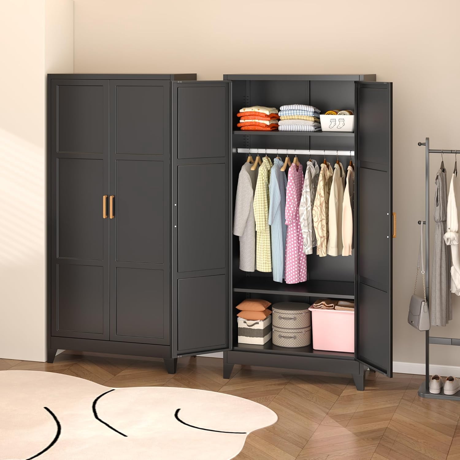 SOLAURA Metal Armoire Wardrobe Closet with Hanging Rod, 71" H Storage Cabinet with Adjustable Shelves, Freestanding Closet Cabinet for Garage, Home, Office (Black)
